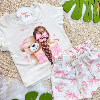  Conj. Blusa Cherry Princess Girl e Short em Linho - Areia